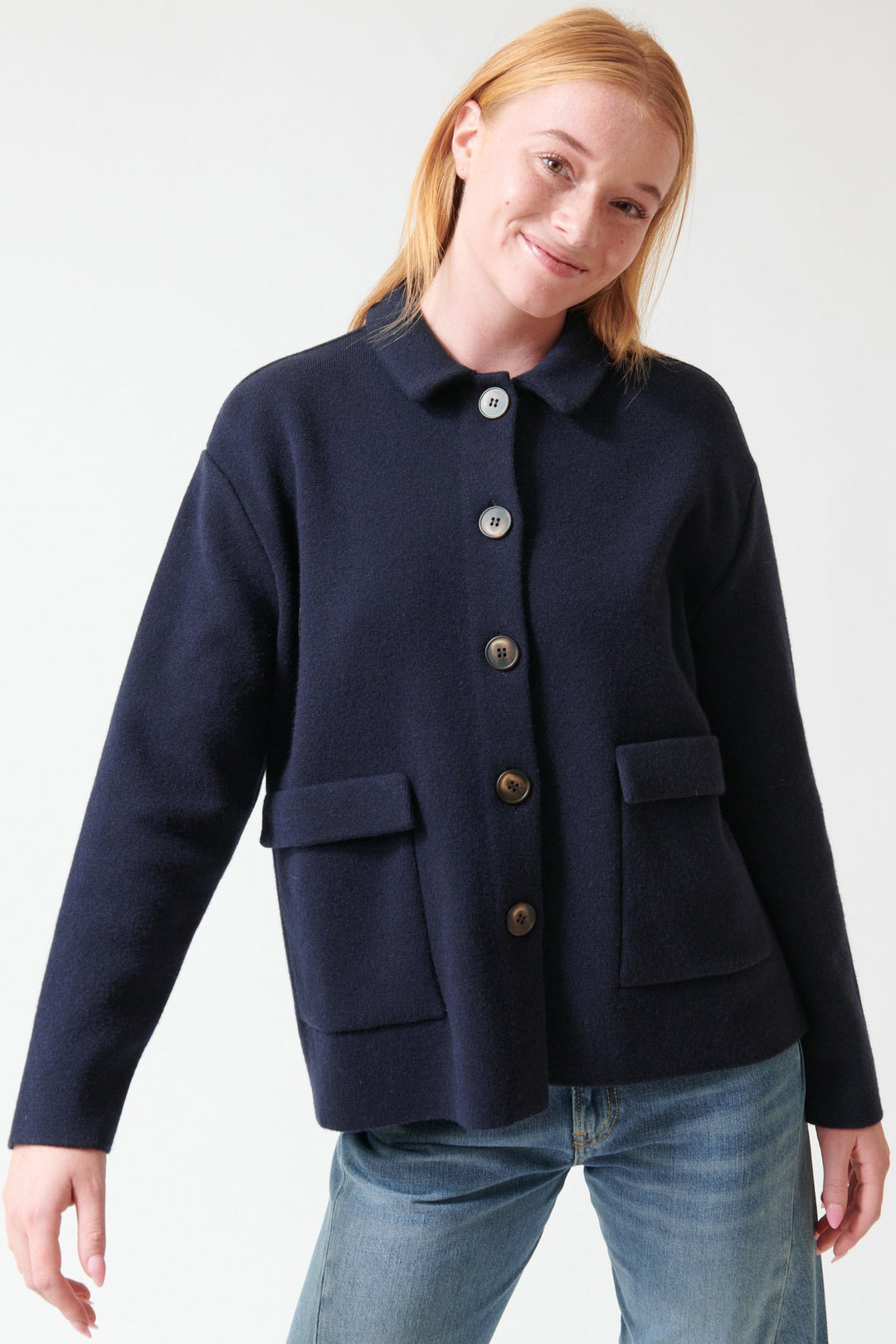 Aysia wearing Base Five Button Knit Jacket front view