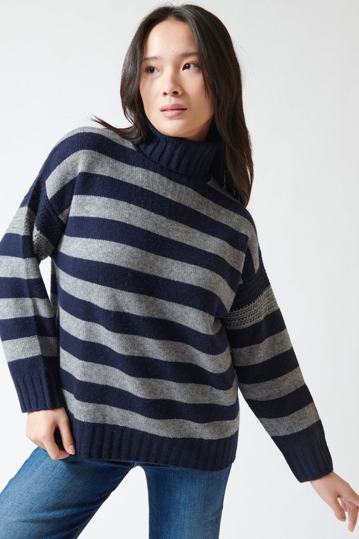 Lilly wearing Jumper 1234 Wool Cashmere Stripe Breton front view