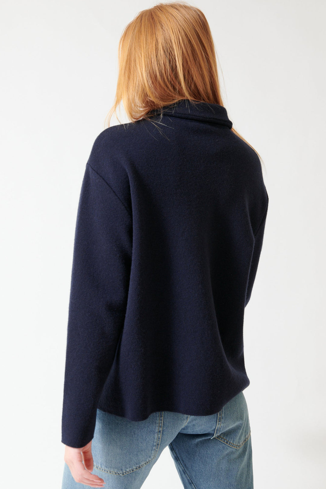 Aysia wearing Base Five Button Knit Jacket rear view