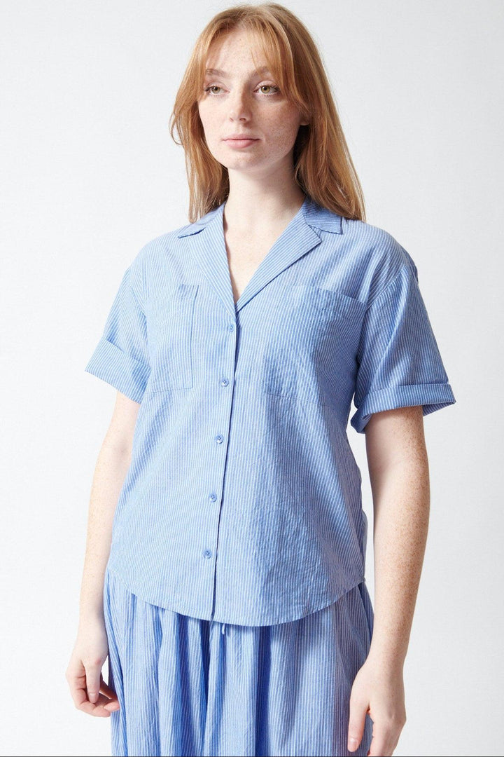 Waverly wearing Apiece Apart Valenti Button Up front view