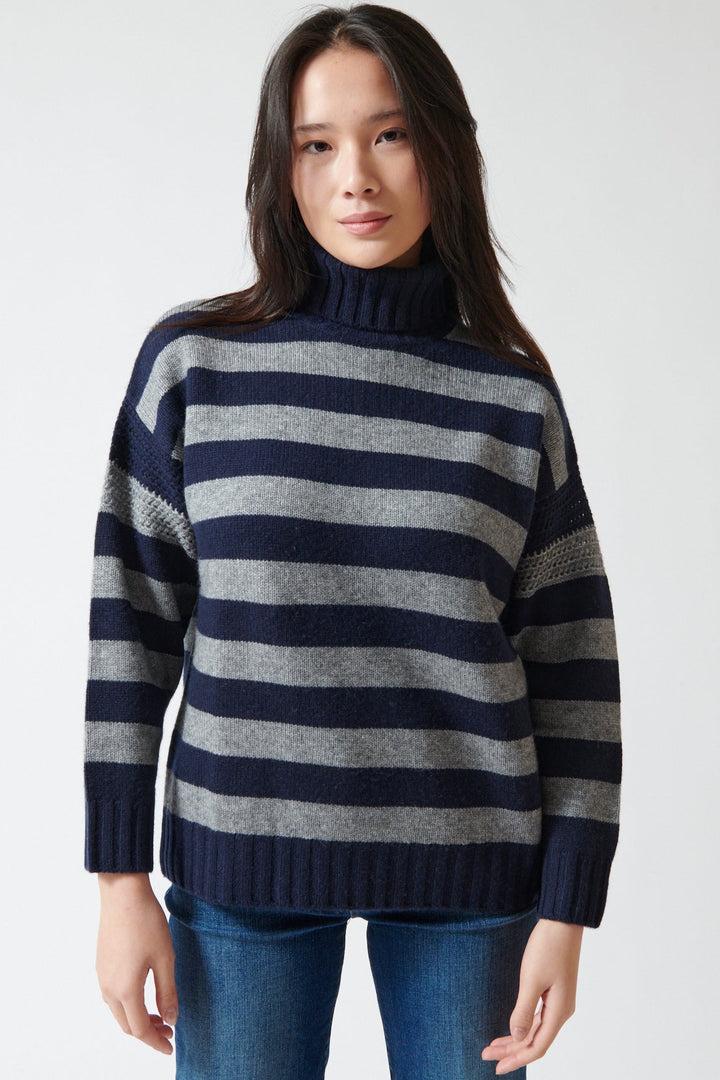 Lilly wearing Jumper 1234 Wool Cashmere Stripe Breton front view