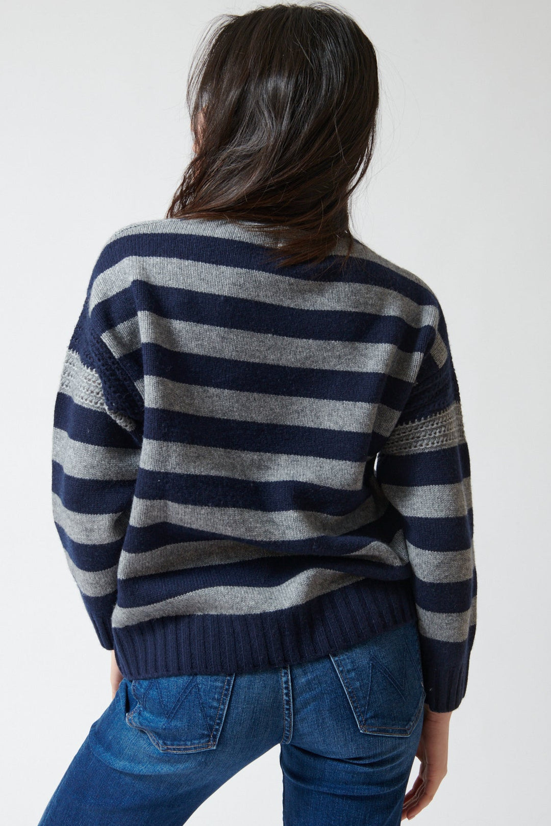 Lilly wearing Jumper 1234 Wool Cashmere Stripe Breton rear view