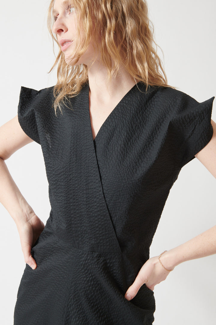 Madi wearing Zero + Maria Cornejo Ripple Twill Wrap Omi Dress front/detail view