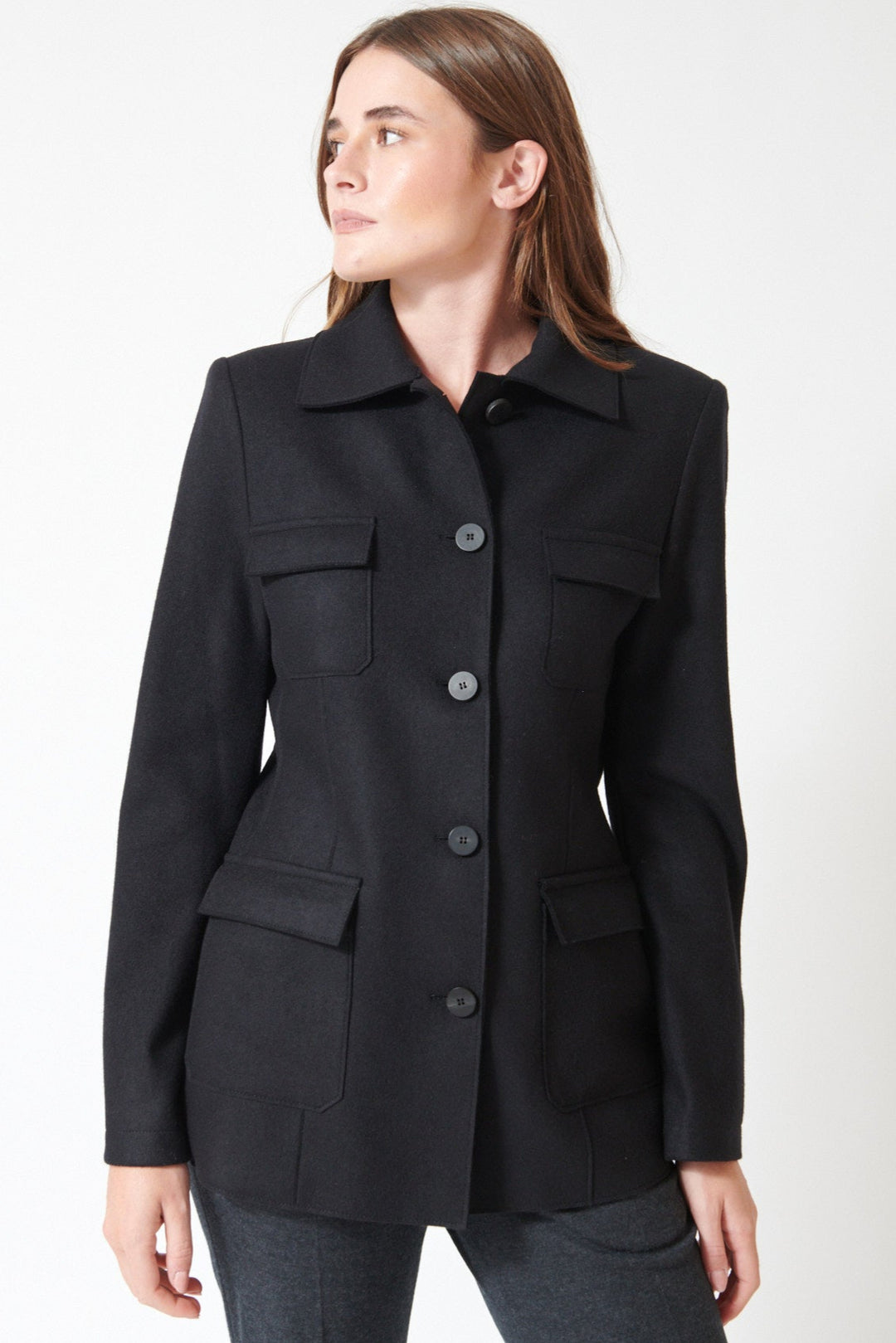 Julia wearing Harris Wharf Cashmere Blend Field Jacket front view