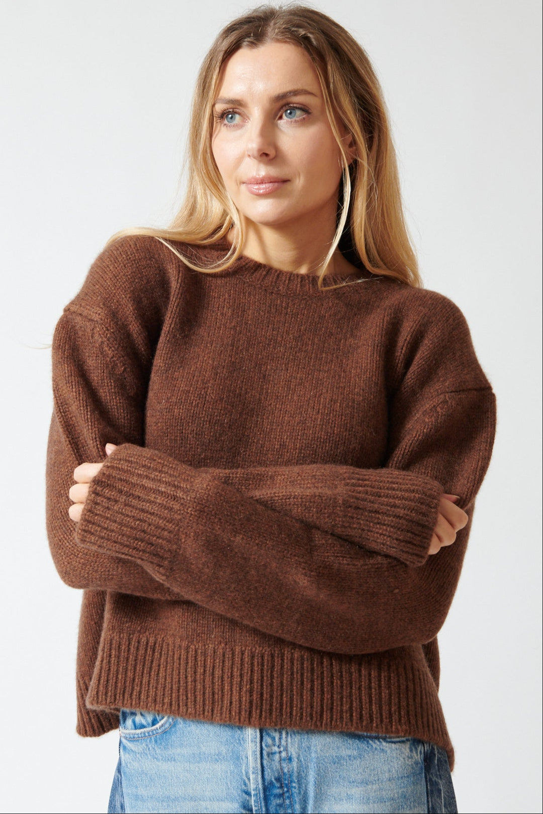 Mari wearing SPRWMN Heavy Crewneck Sweater front view