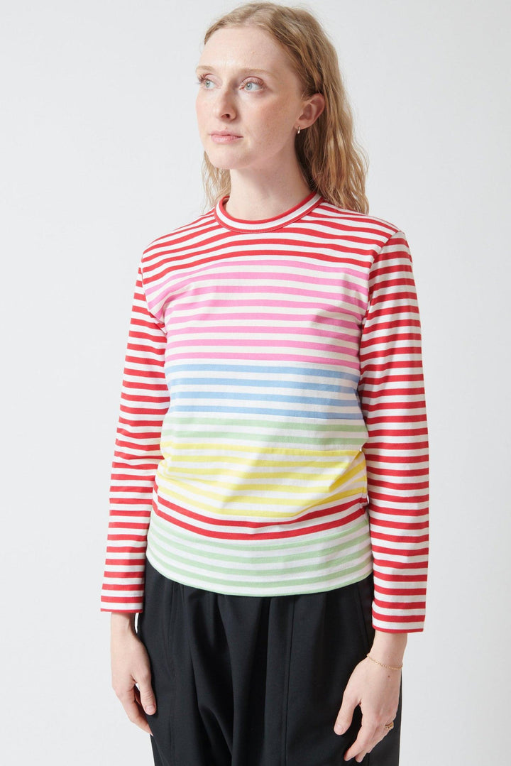 Madi wearing Comme des Garçons Long Sleeve Striped Panel Tee front view