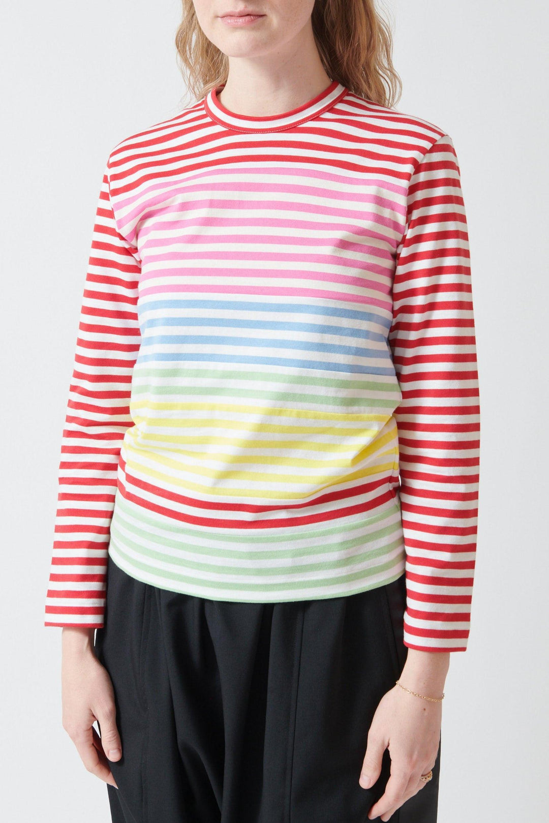 Madi wearing Comme des Garçons Long Sleeve Striped Panel Tee front view