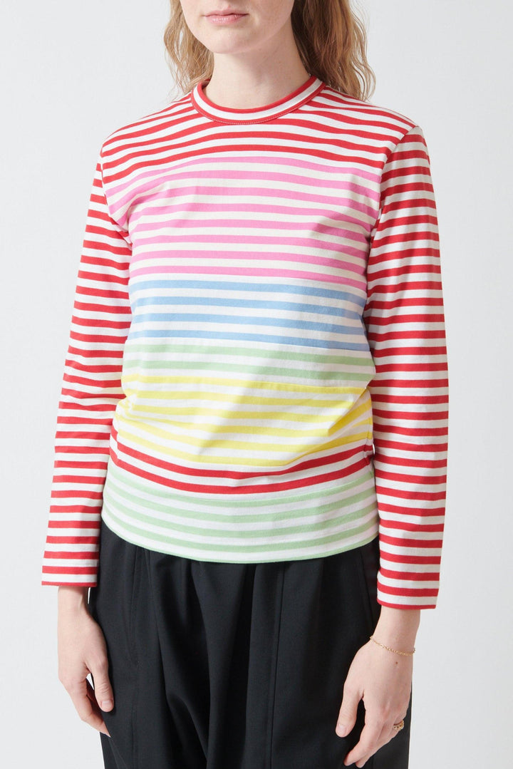 Madi wearing Comme des Garçons Long Sleeve Striped Panel Tee front view
