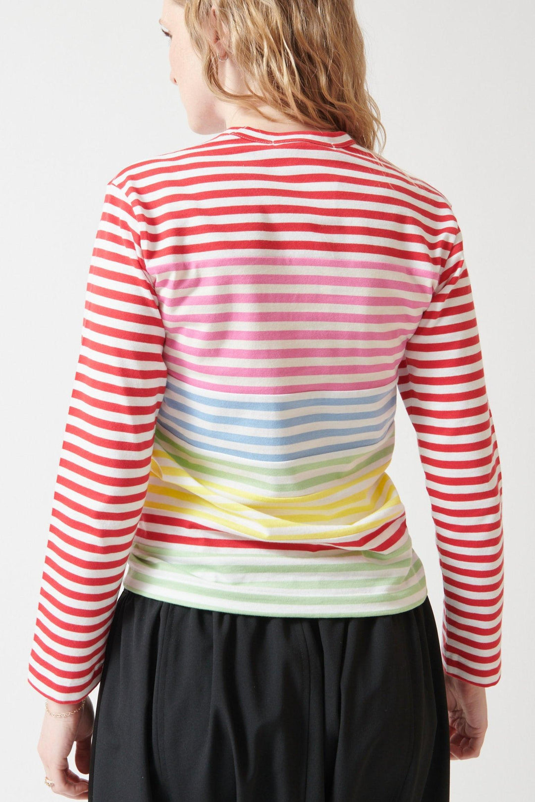 Madi wearing Comme des Garçons Long Sleeve Striped Panel Tee rear view