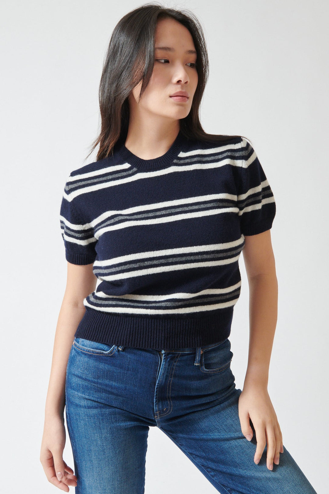 Lilly wearing &Daughter Wicklow Stripe T Shirt Sweater front view