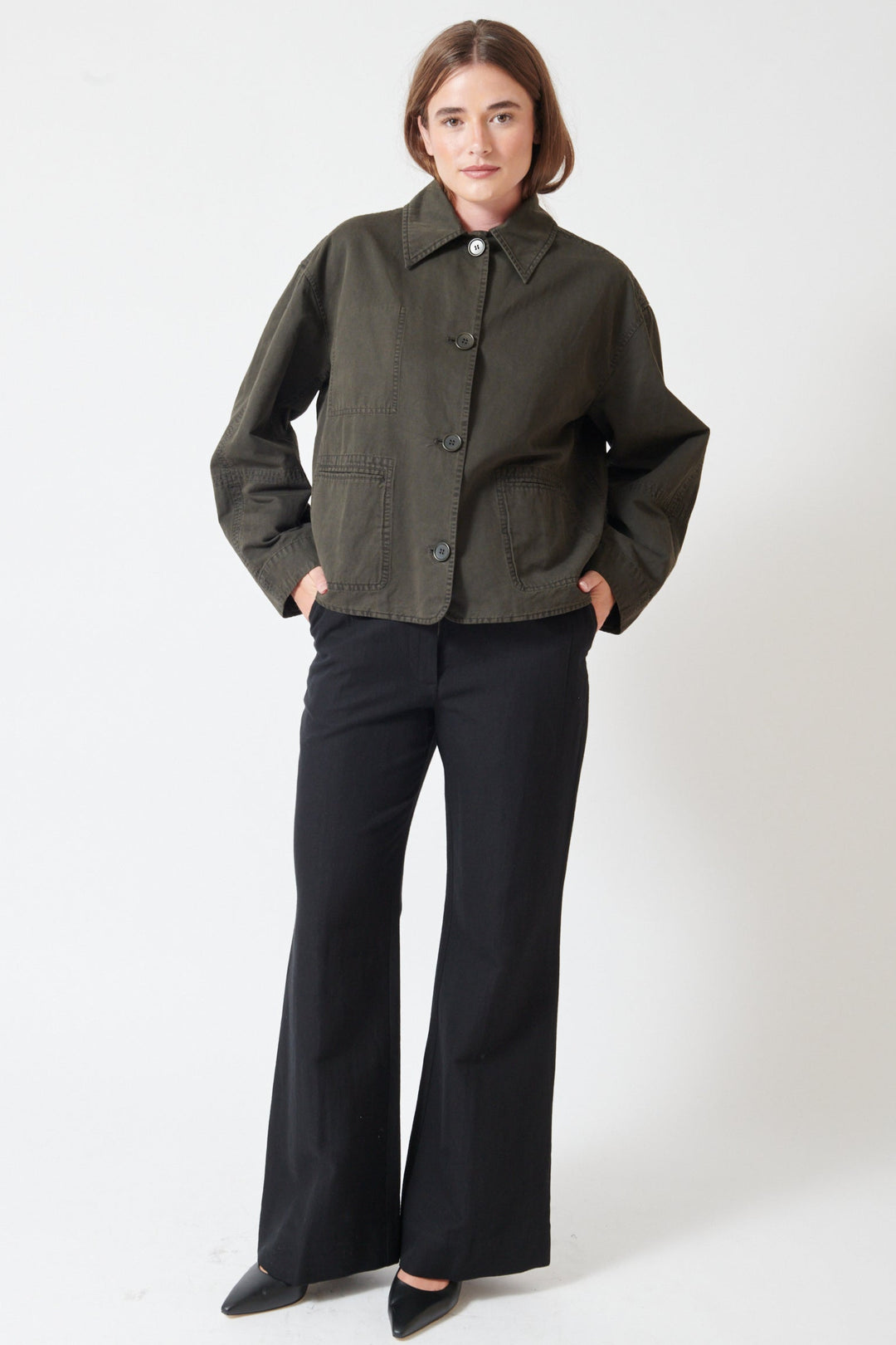 Julia wearing Apiece Apart Adi Wide Leg Trouser front view