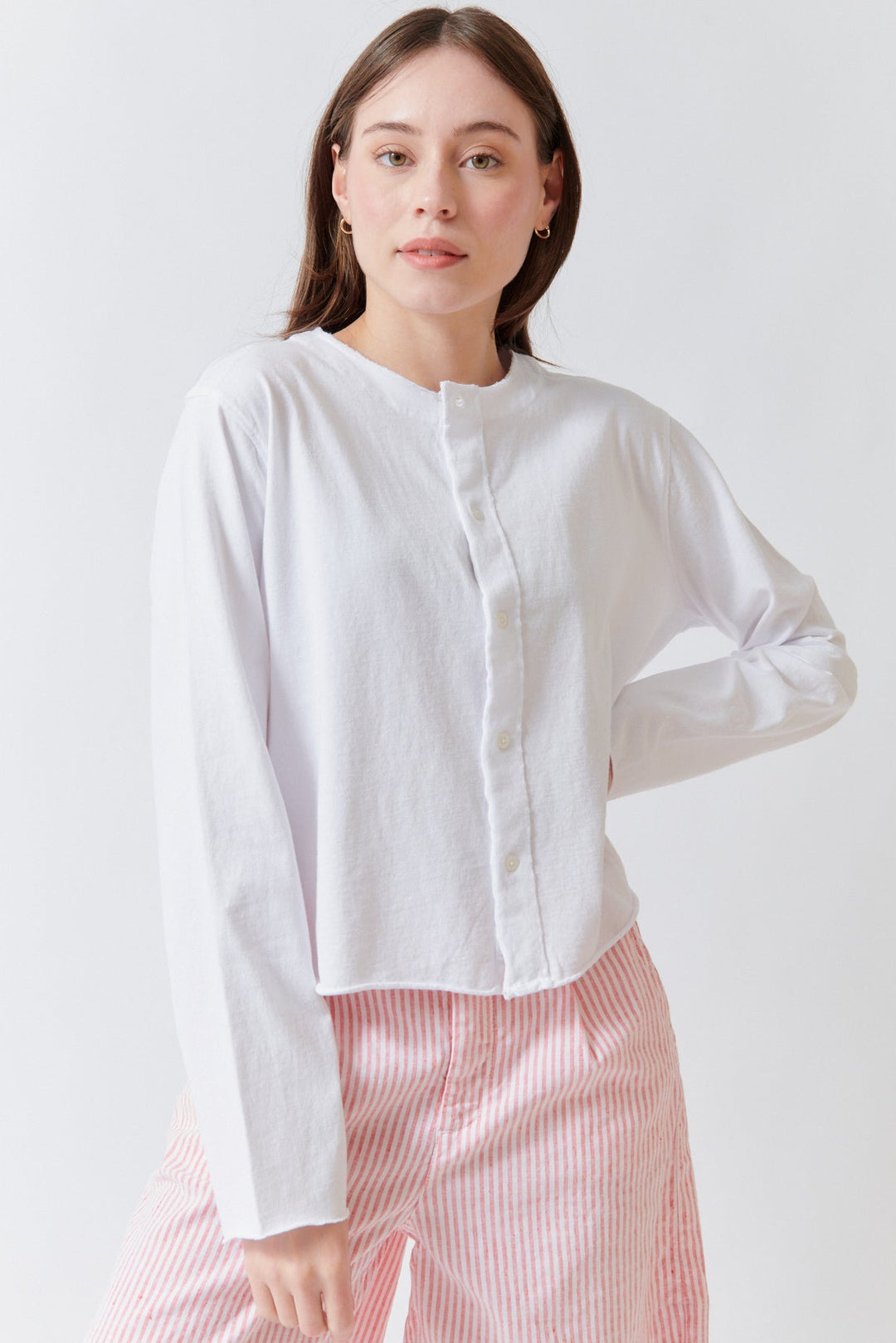 Angela wearing Frank & Eileen Jackie T Shirt Cardigan front view