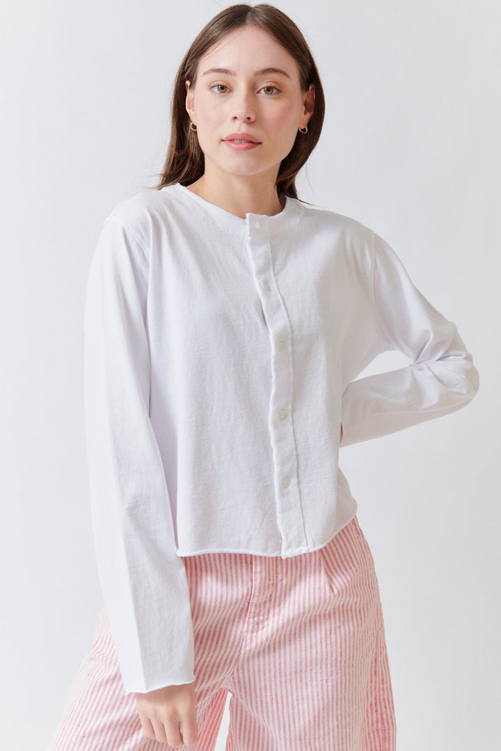 Angela wearing Frank & Eileen Jackie T Shirt Cardigan front view