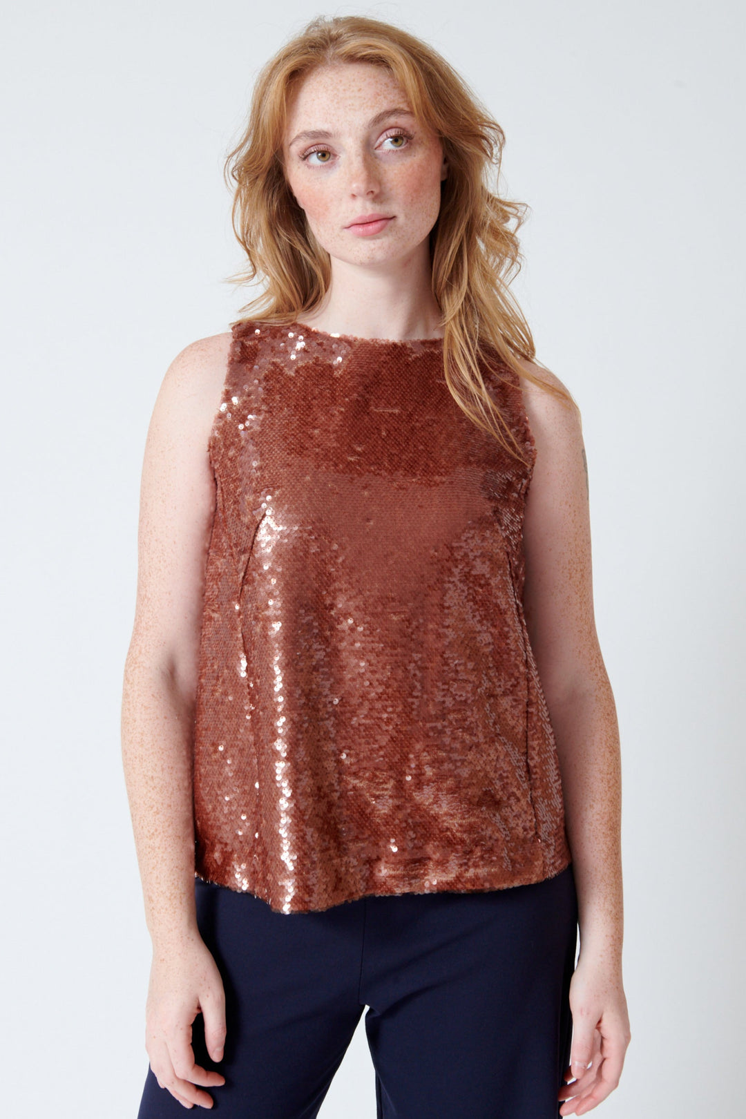 Waverly wearing Odeeh Sequin Keyhole Back Tank front view