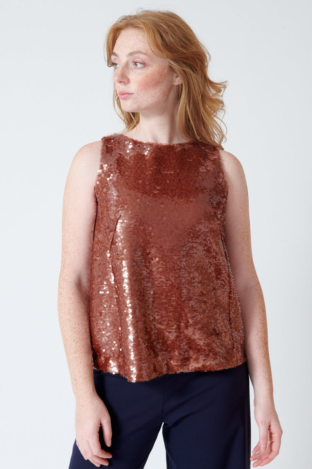 Waverly wearing Odeeh Sequin Keyhole Back Tank front view