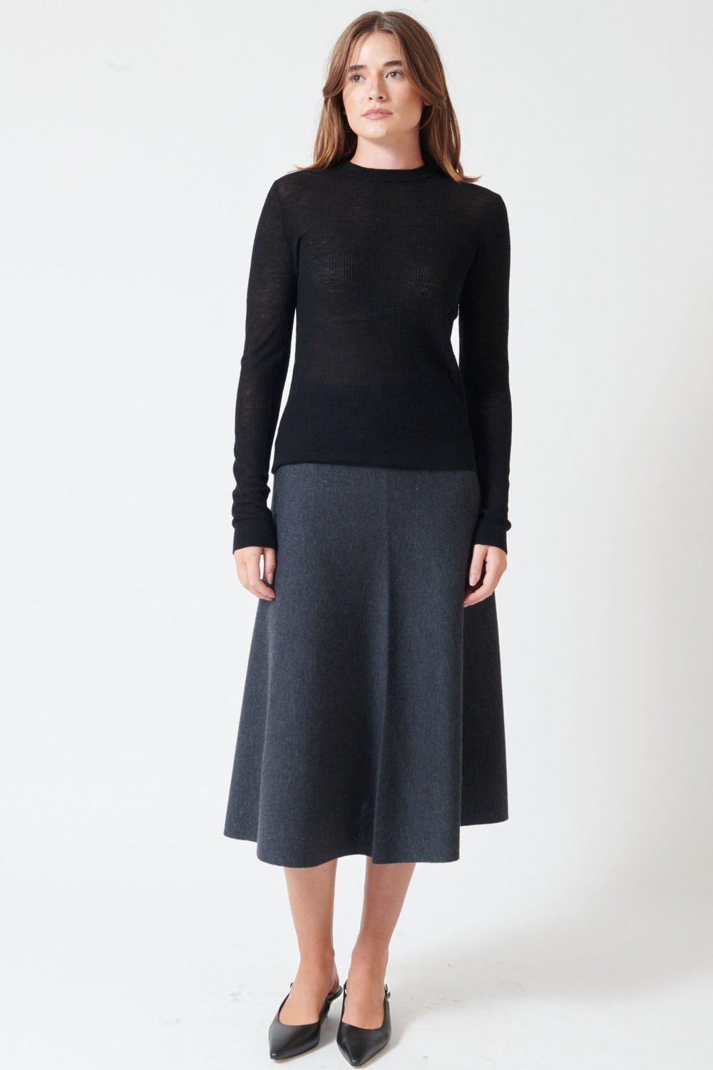 Julia wearing Allude Elastic Waist Wool Knit Skirt front view