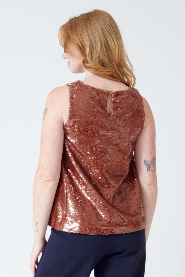 Waverly wearing Odeeh Sequin Keyhole Back Tank rear view