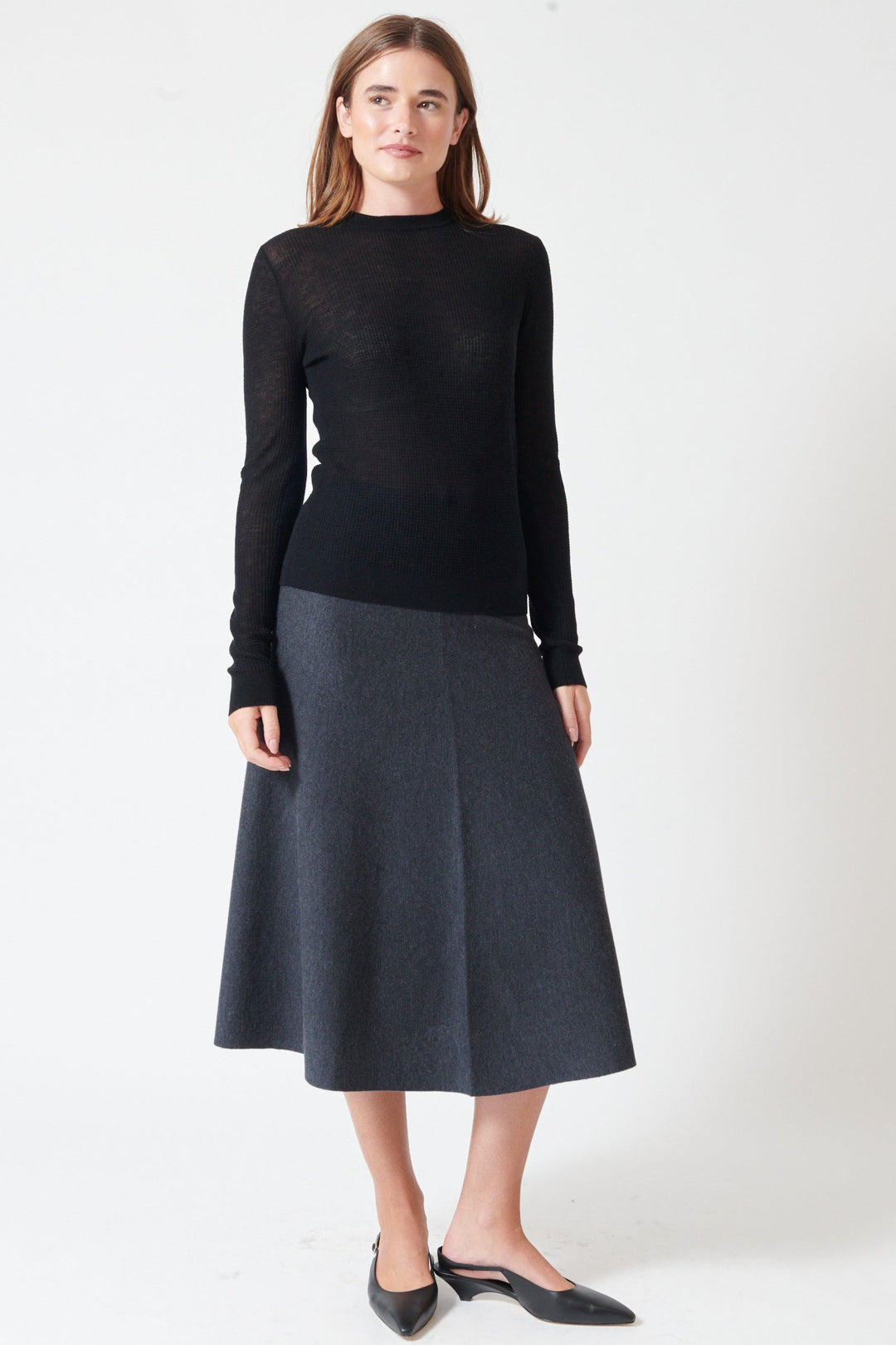Julia wearing Allude Elastic Waist Wool Knit Skirt front view