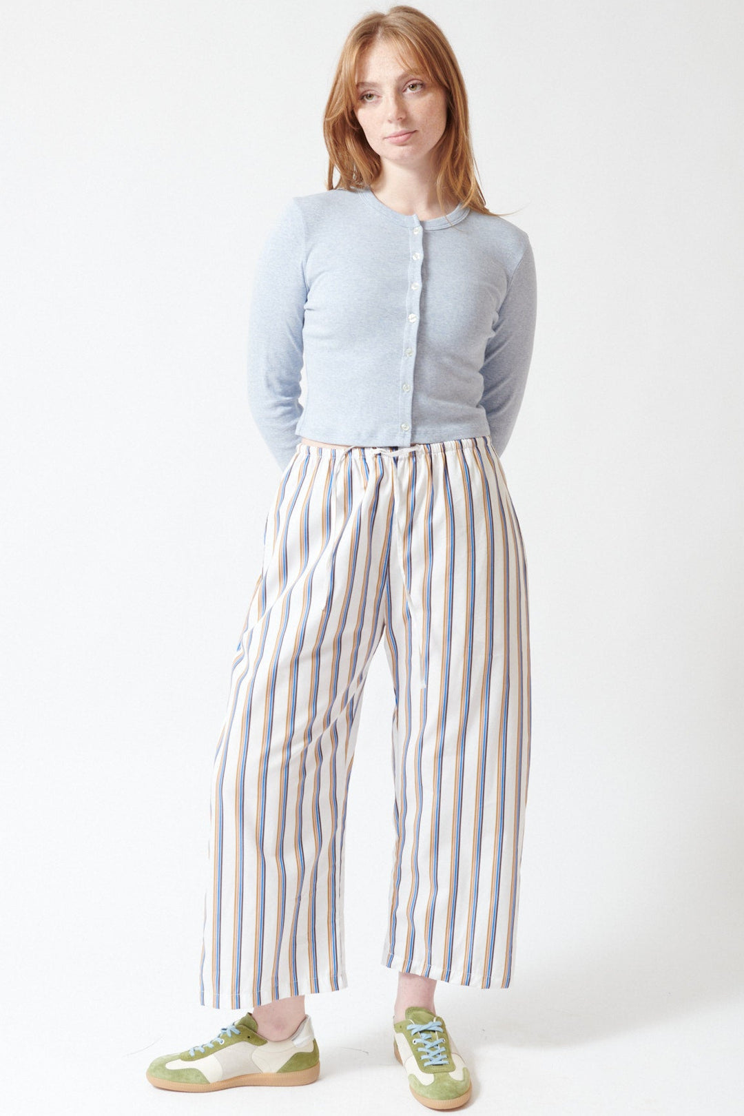 Waverly wearing LESET Yoshi Stripe Crop Drawstring Pant front view