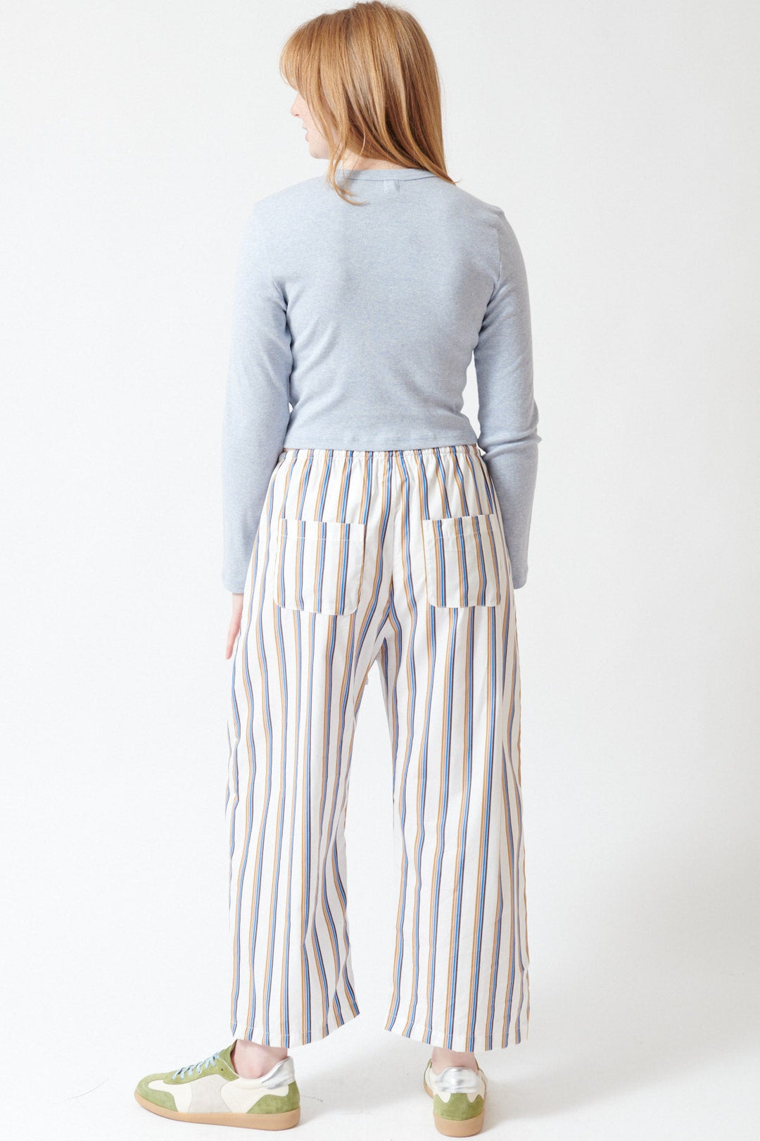 Waverly wearing LESET Yoshi Stripe Crop Drawstring Pant rear view