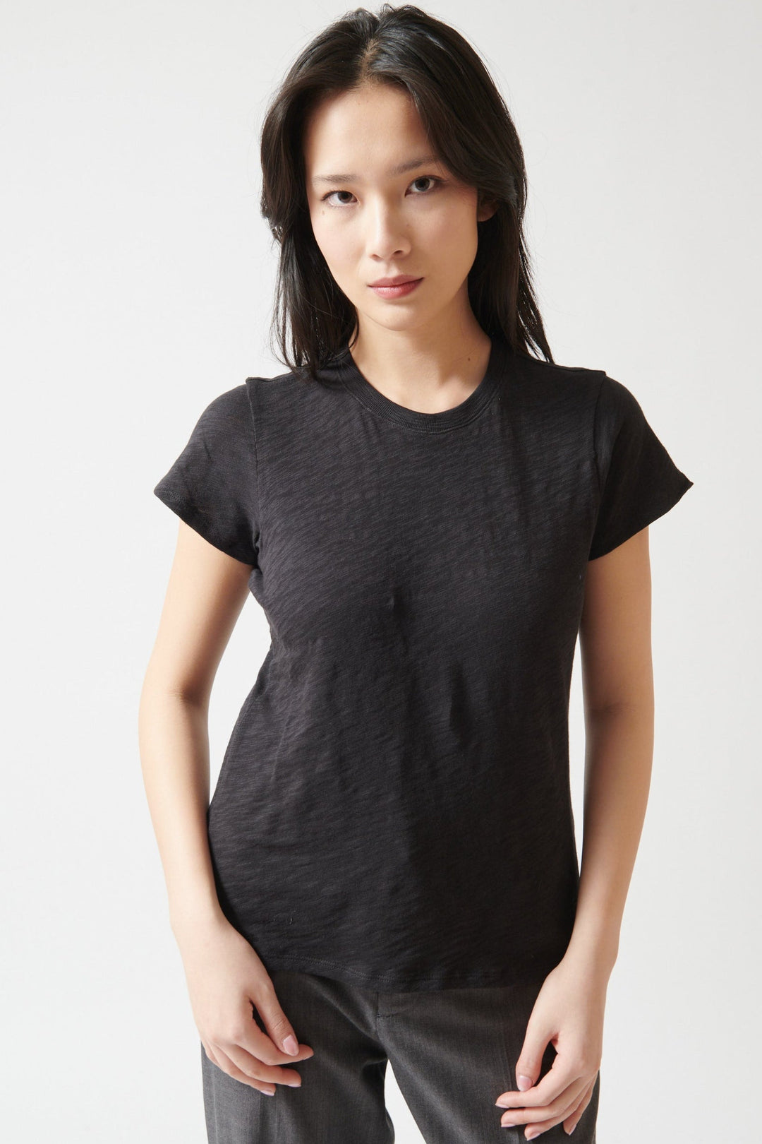 Lilly wearing ATM Anthony Thomas Melillo School Boy Crewneck Tee front view