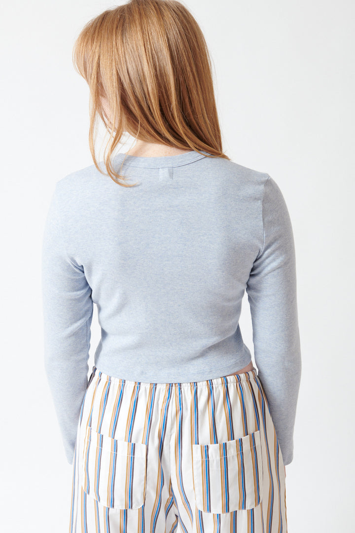 Waverly wearing LESET Nando Cardigan Tee rear view