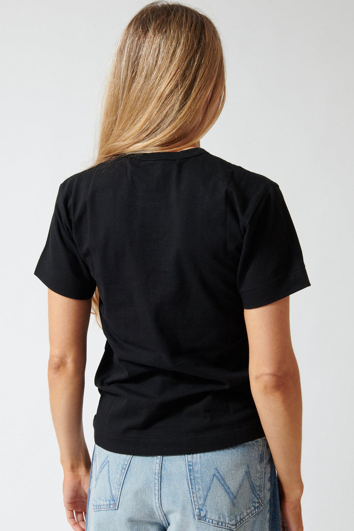 Mari wearing Comme des Garçons PLAY Trio Heart Logo Print T-Shirt rear view 