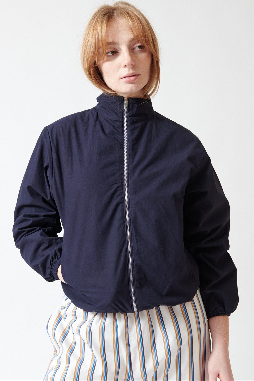 Waverly wearing LESET Kyoto Windbreaker front view