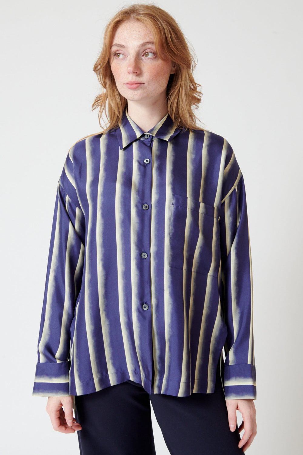 Waverly wearing Odeeh Painted Stripes Twill Shirt front view