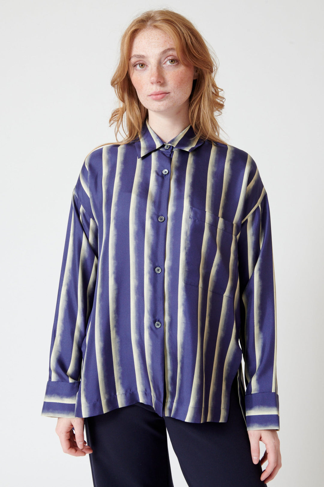 Waverly wearing Odeeh Painted Stripes Twill Shirt front view