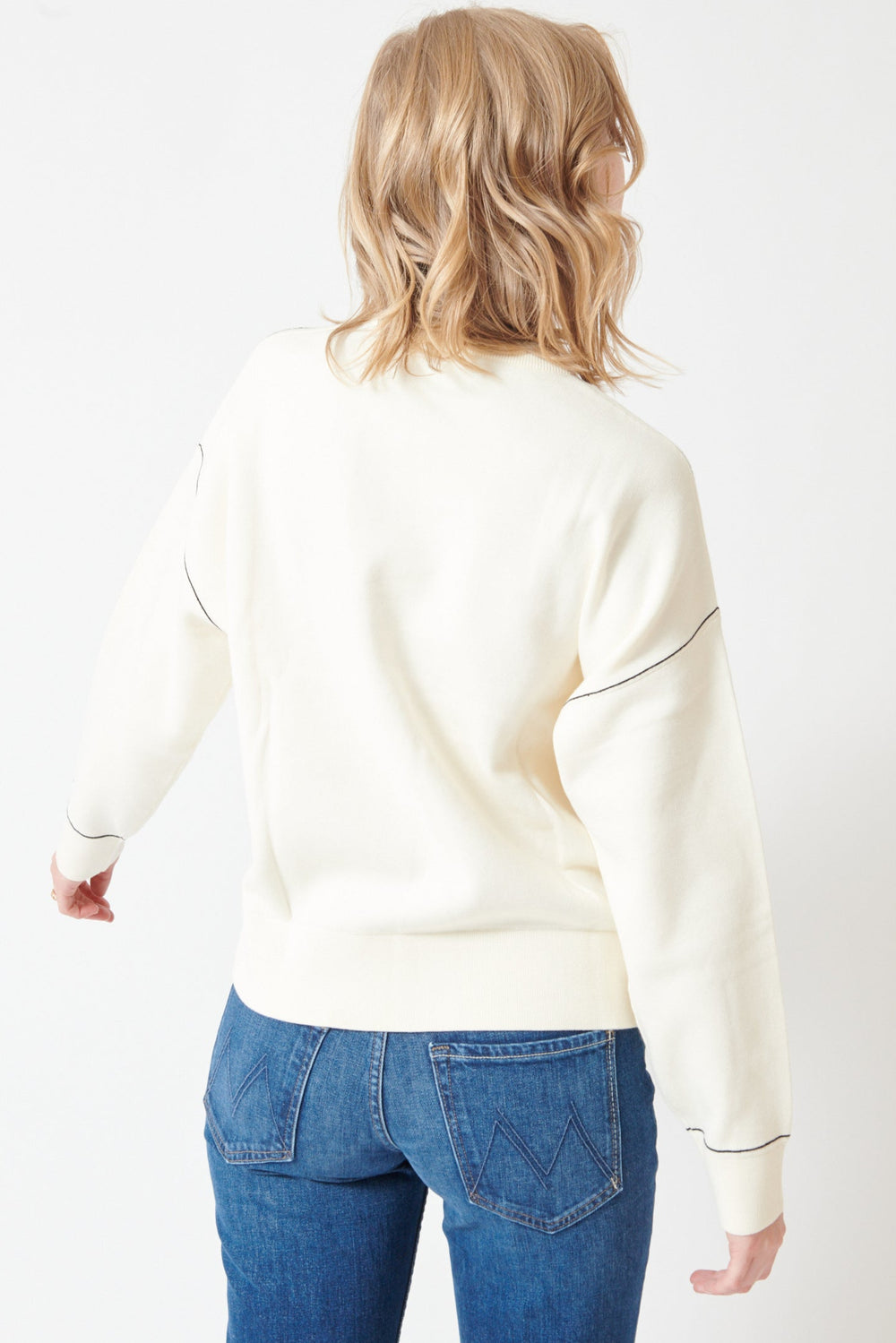 Madi wearing White + Warren Superfine Organic Cotton Easy Sweatshirt rear view