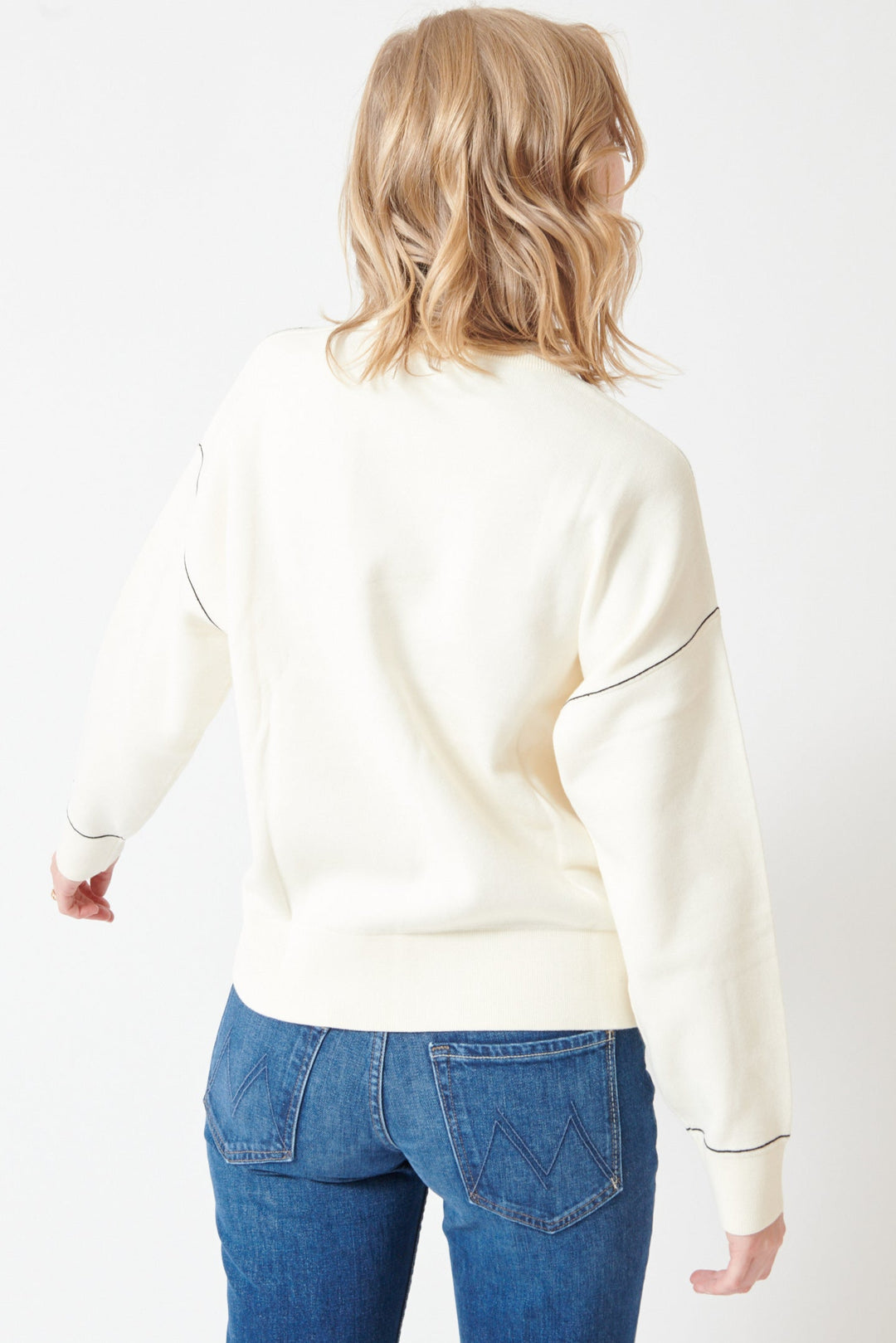 Madi wearing White + Warren Superfine Organic Cotton Easy Sweatshirt rear view