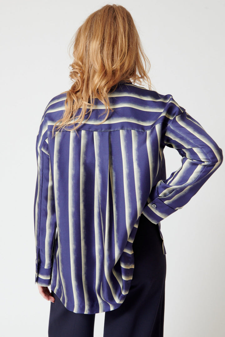Waverly wearing Odeeh Painted Stripes Twill Shirt rear view