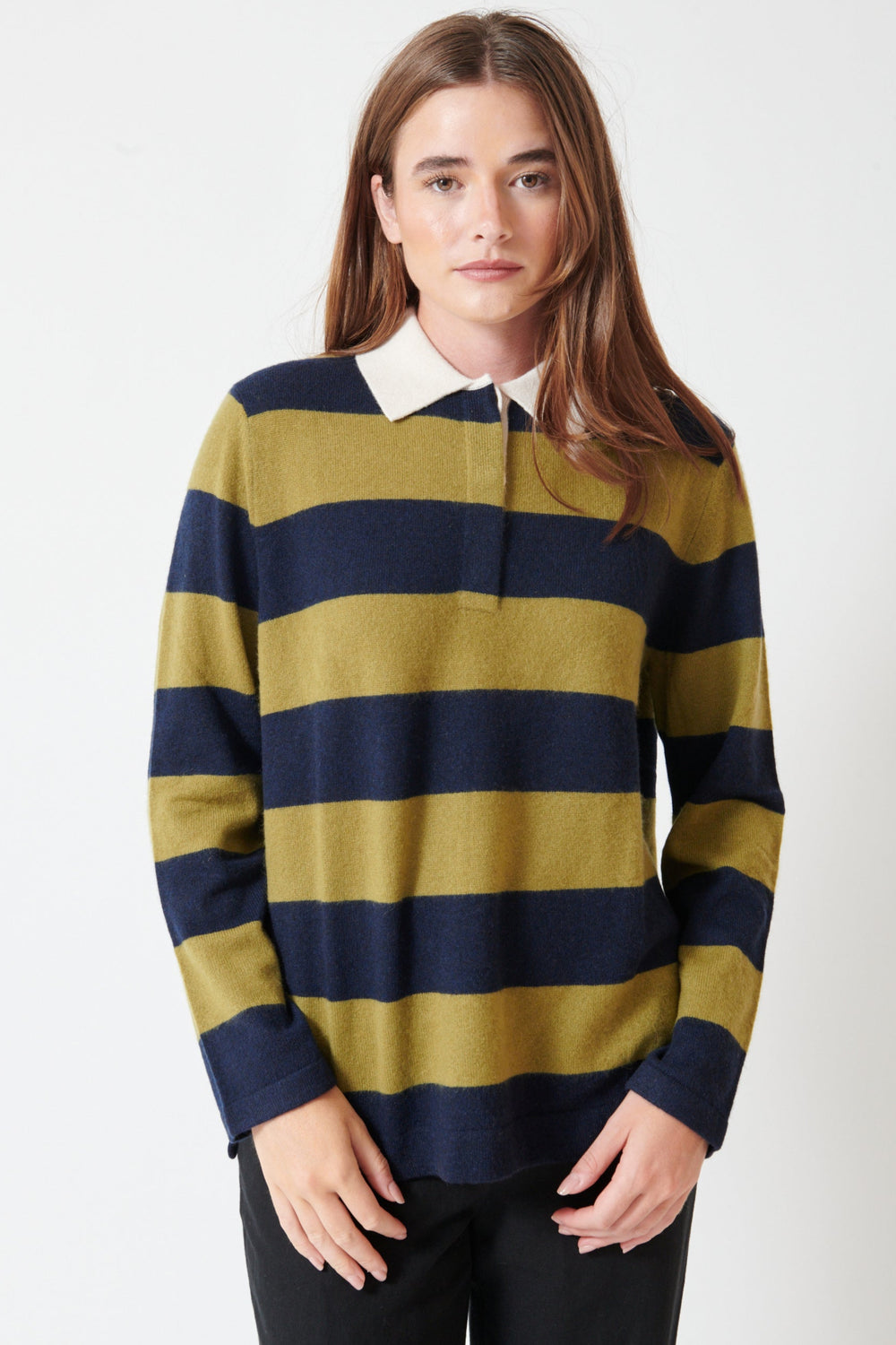 Julia wearing White + Warren Cashmere Rugby Stripe Polo front view