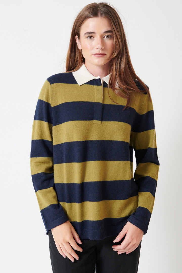 Julia wearing White + Warren Cashmere Rugby Stripe Polo front view