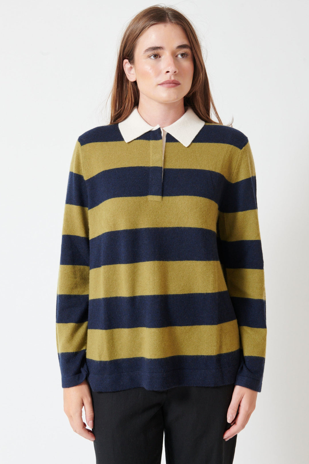 Julia wearing White + Warren Cashmere Rugby Stripe Polo front view