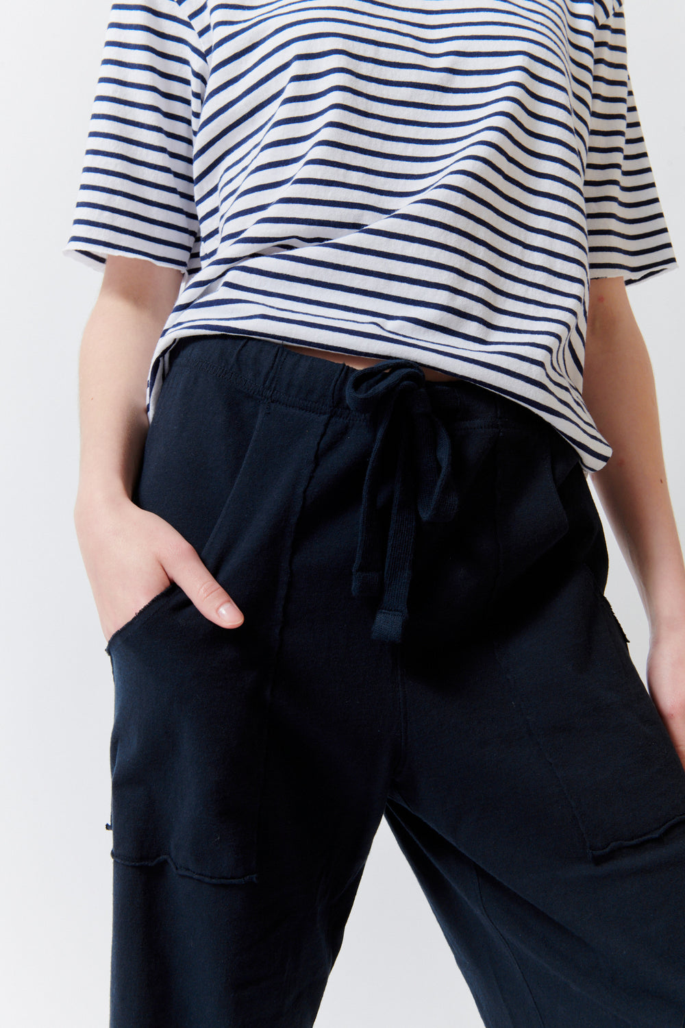 Angela wearing Frank & Eileen Bibi Barrel Leg Sweatpant front/detail view