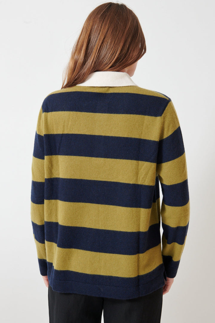 Julia wearing White + Warren Cashmere Rugby Stripe Polo rear view