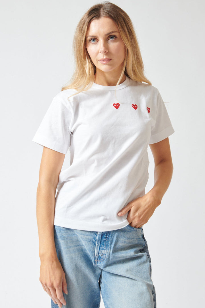 Mari wearing Comme des Garçons PLAY Trio Heart Logo Print T-Shirt front view