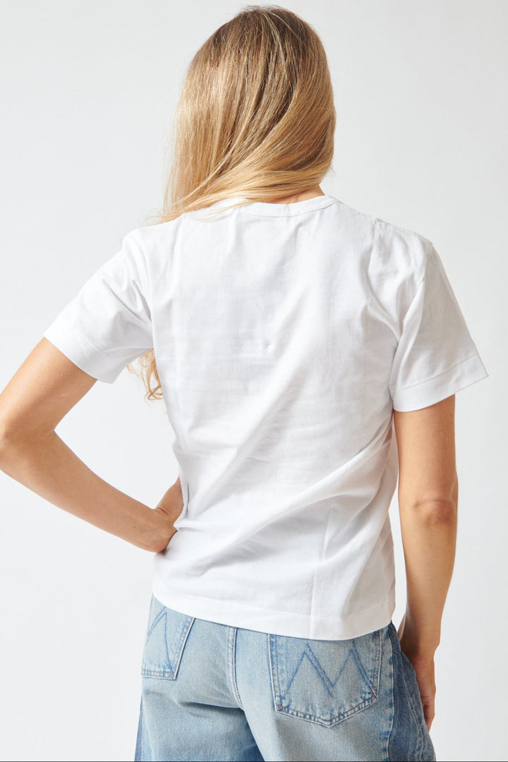 Mari wearing Comme des Garçons PLAY Trio Heart Logo Print T-Shirt rear view