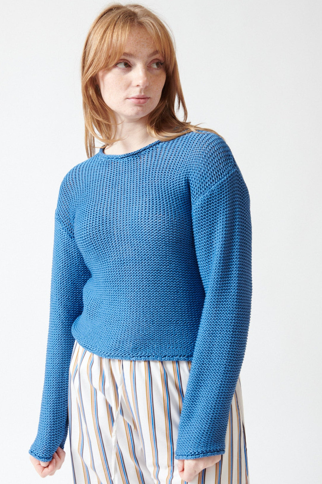 Waverly wearing LESET Ben Crew Pullover front view