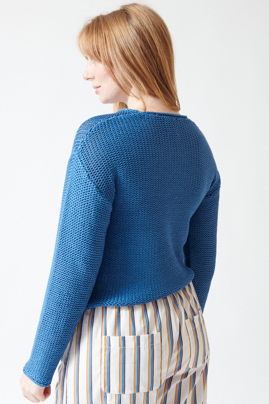 Waverly wearing LESET Ben Crew Pullover rear view