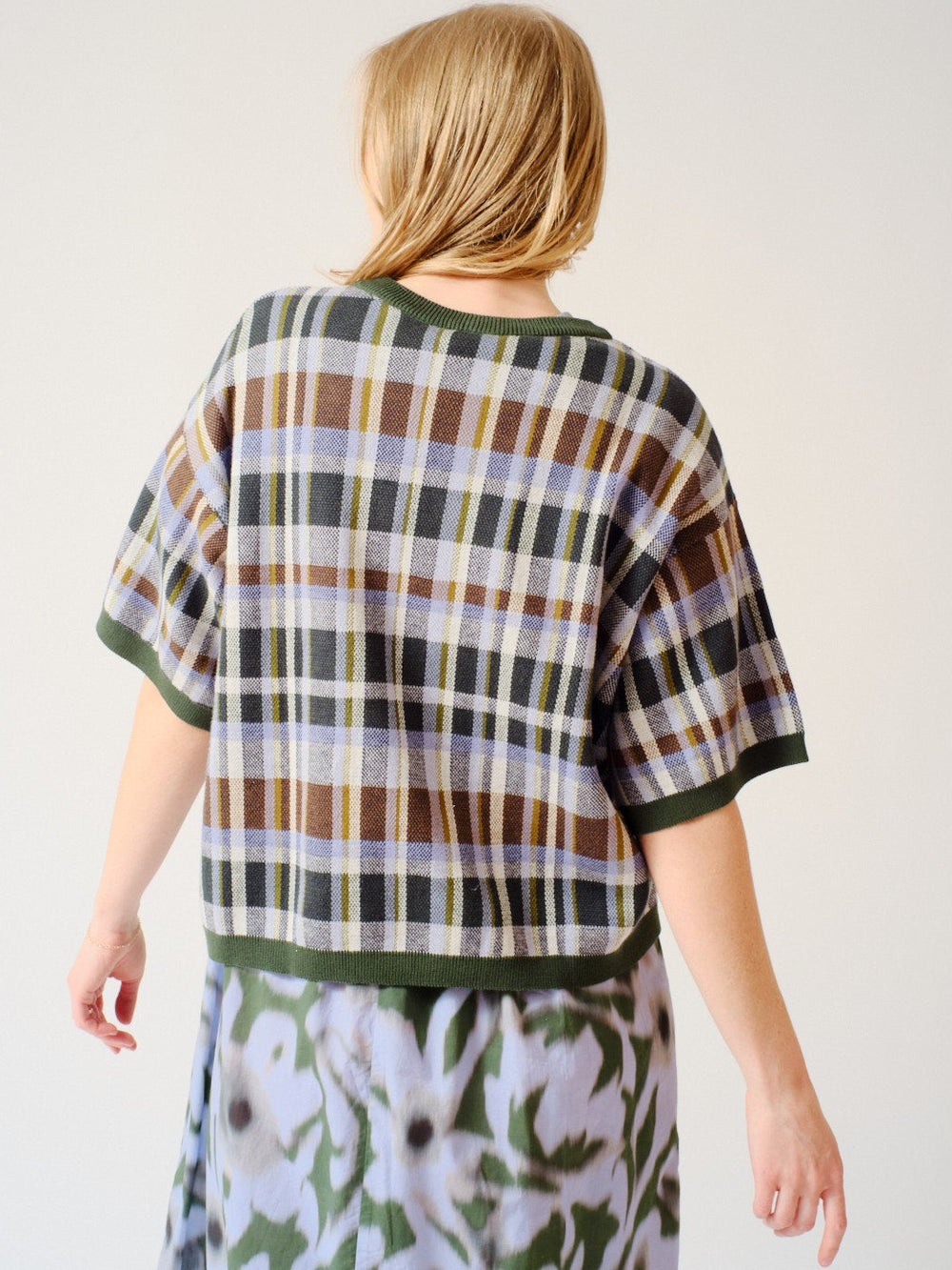 Madi wearing Kowtow Chequered Tee Forest rear view