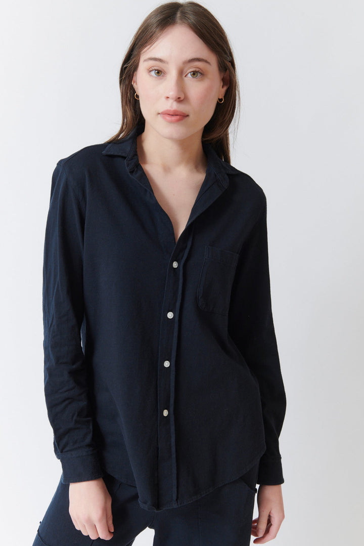 Angela wearing Frank & Eileen Waverly NYC Button Up Tee Shirt front view
