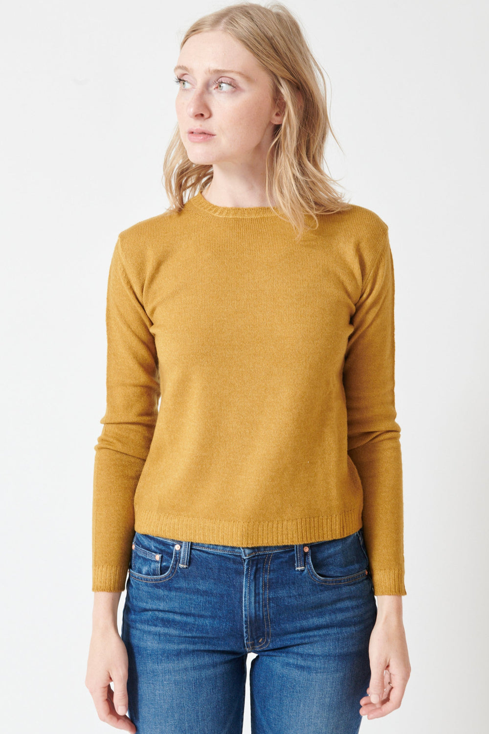 Madi wearing Base Sheer Knit Roundneck Pullover front view
