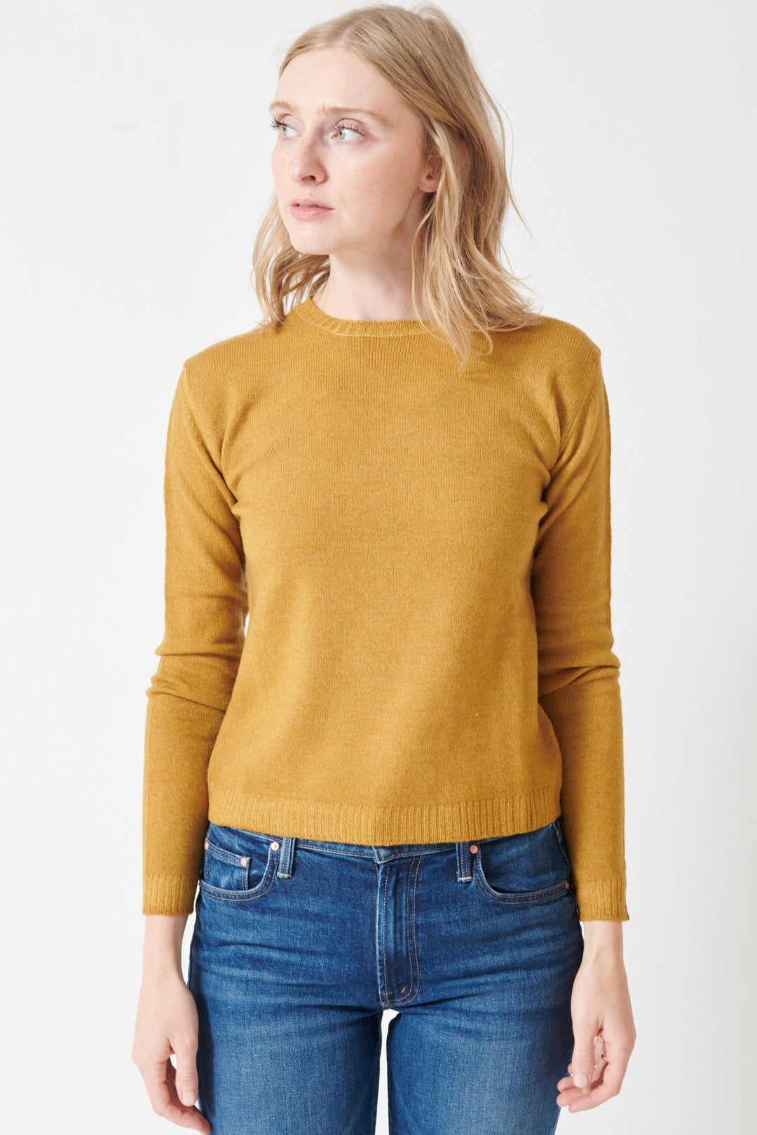 Madi wearing Base Sheer Knit Roundneck Pullover front view