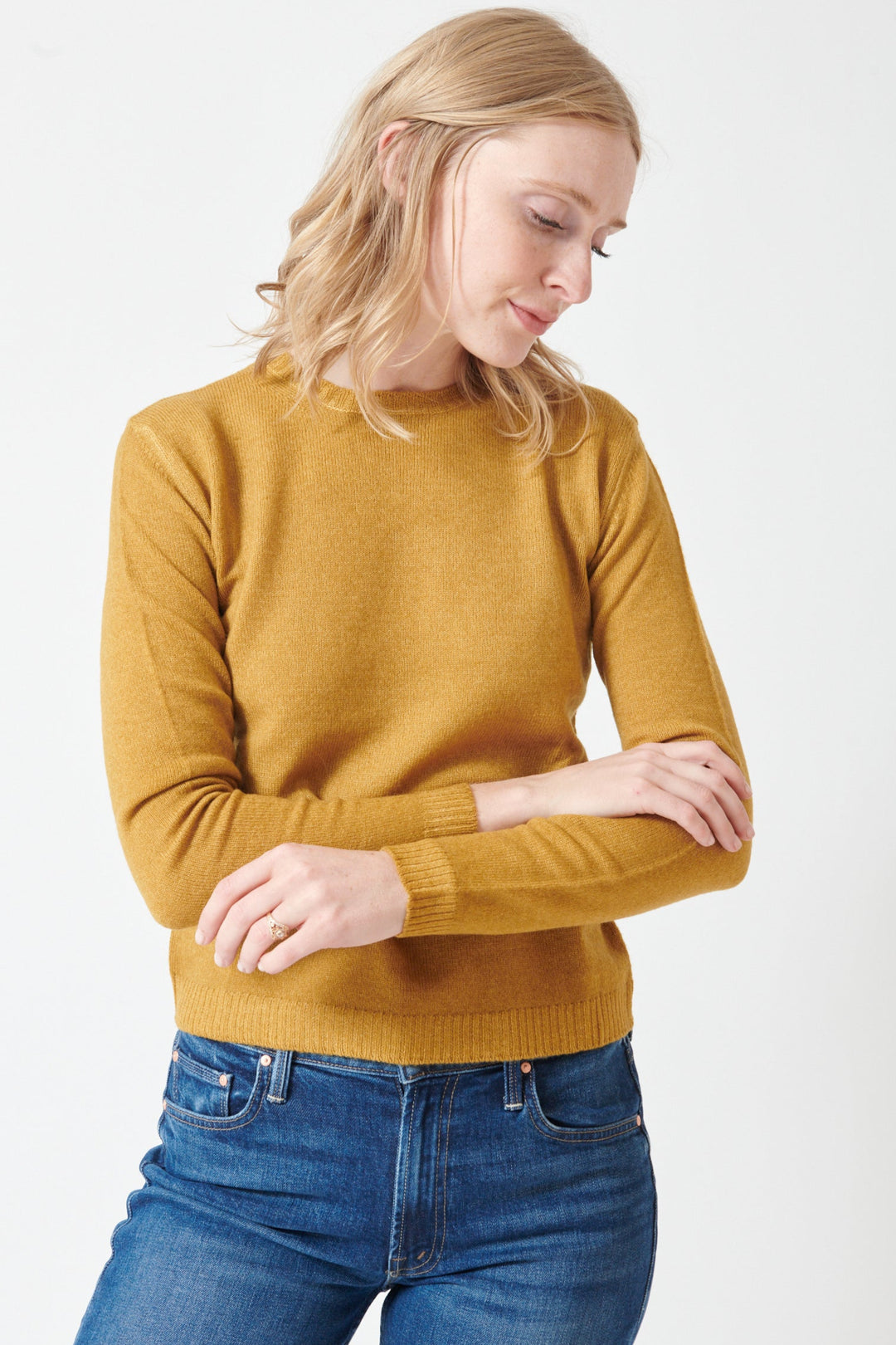 Madi wearing Base Sheer Knit Roundneck Pullover front view