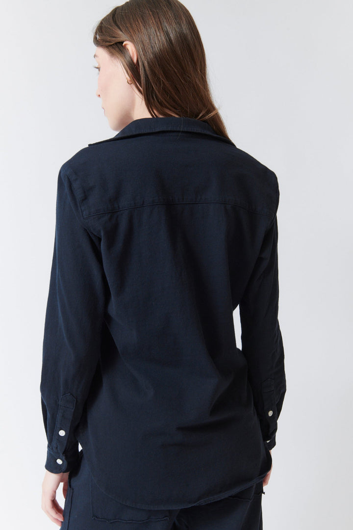 Angela wearing Frank & Eileen Waverly NYC Button Up Tee Shirt rear view