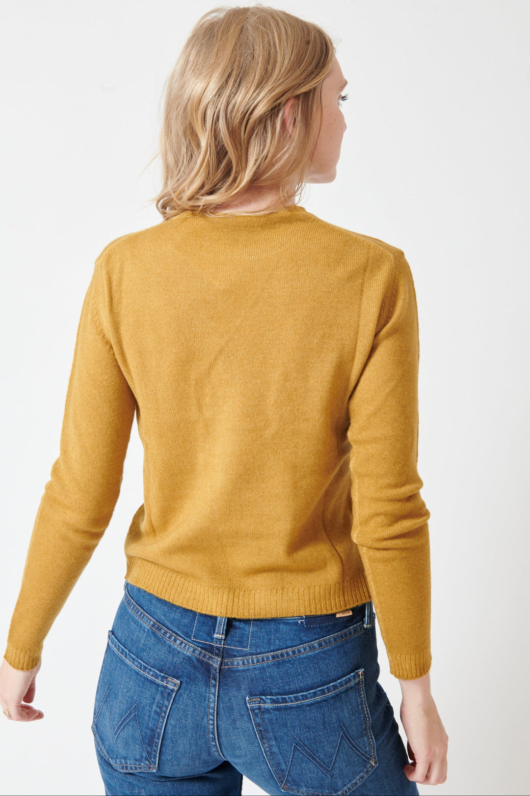Madi wearing Base Sheer Knit Roundneck Pullover rear view