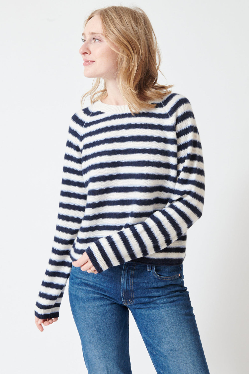 Madi wearing White + Warren Cashmere Striped Sweatshirt front view